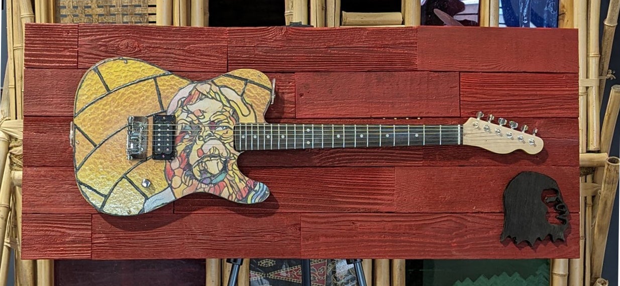 Dr. Zaius Lighted Stained Glass Guitar Art on Red Stained